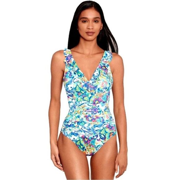 LAUREN RALPH Women's Printed Ruffle Surplice Underwire One-Piece Swimsuit size 8 - Picture 6 of 11